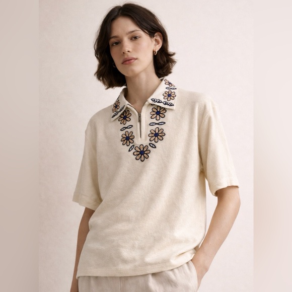 Jupe by Jackie Fargo Polo M Hand Embroidered Cream Terry Cotton NWT